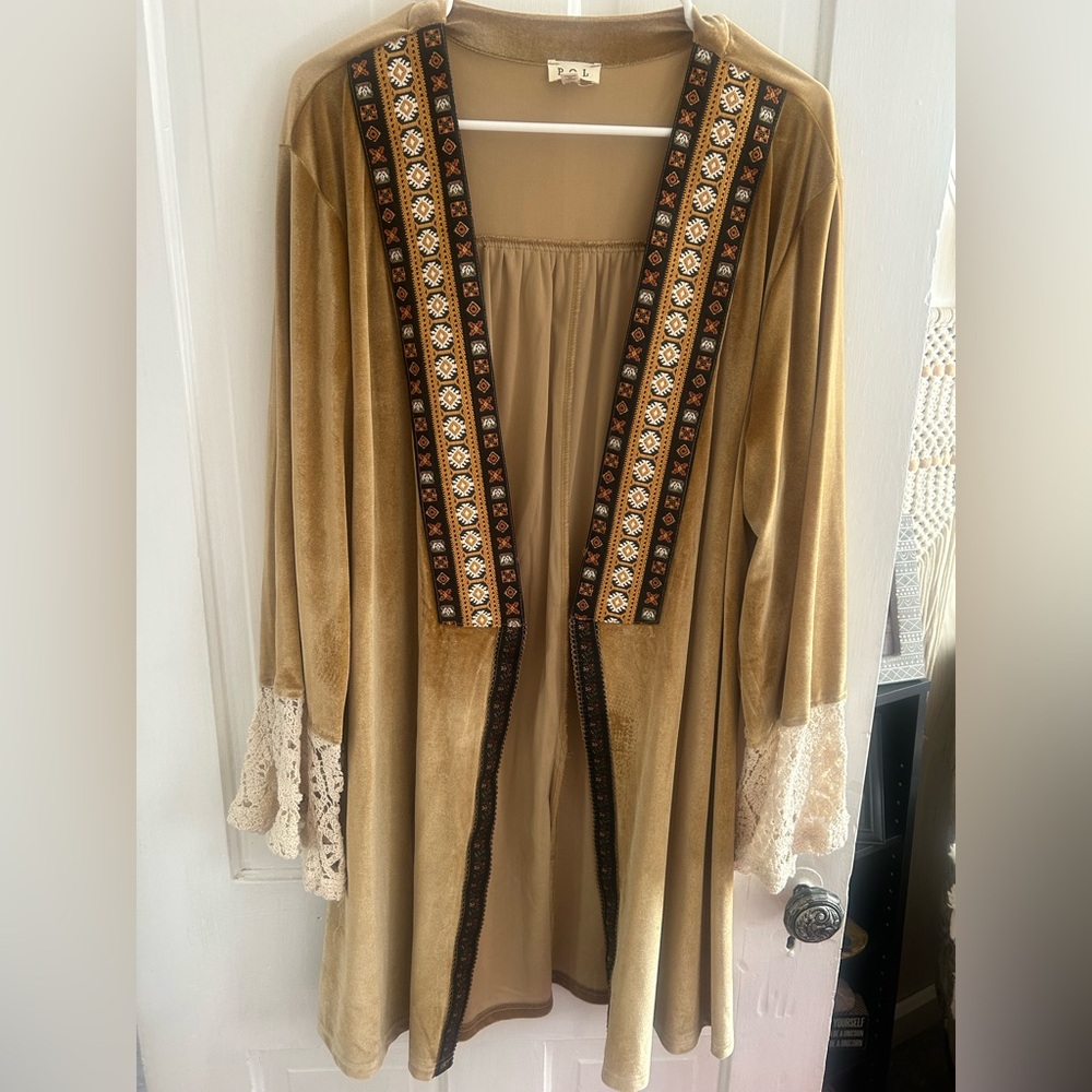 POL Tan Cardigan with Lace Detail